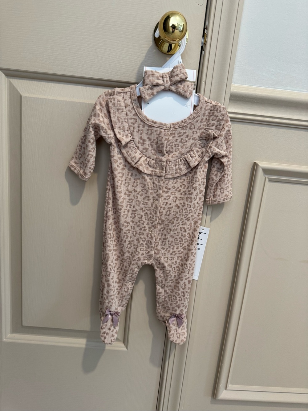 Nicole Miller Light Taupe Leopard Ruffle Footed One-Piece with Bow